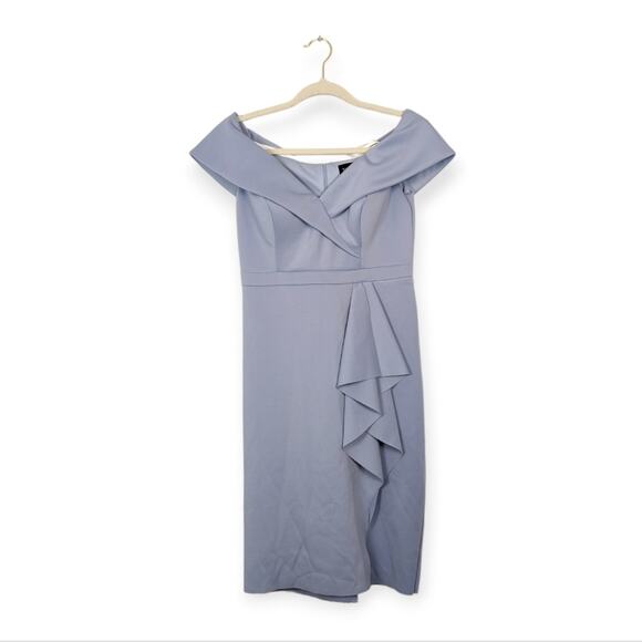 Xscape Blue Ruffle Off the Shoulder Scuba Crepe Cocktail Dress - Picture 1 of 6